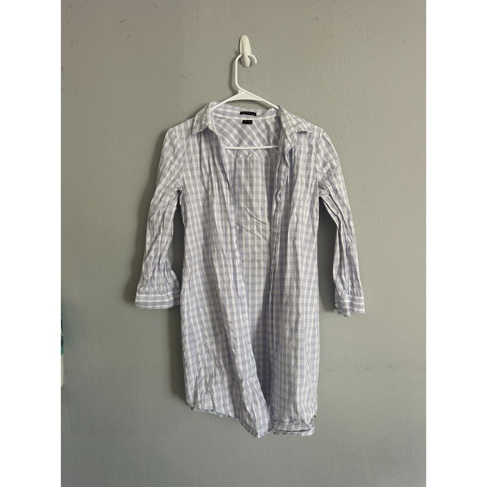Theory Plaid Shirt Dress Size 4 Women’s Blue White Button Front 3/4 Sleeve - Picture 3 of 7
